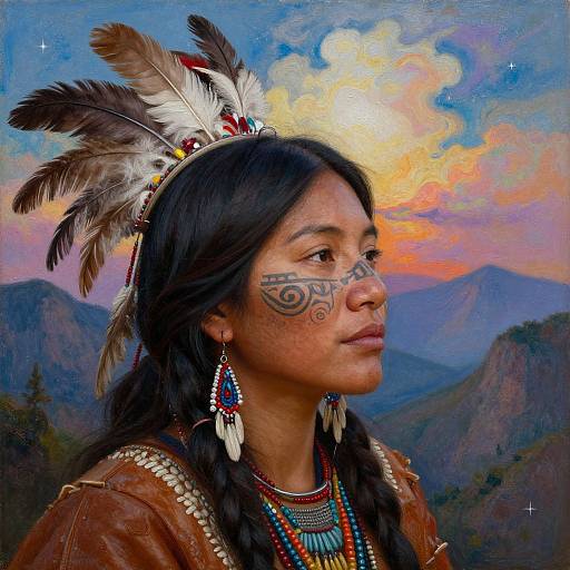 Digital painting of a Native American woman with feathered headpiece, intricate facial tattoos, colorful earrings, and necklace, set against a vibrant sunset mountain background