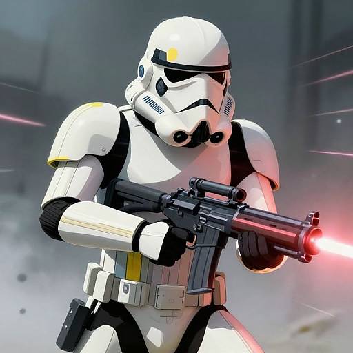Digital art of a white Stormtrooper with black and yellow accents, firing a laser gun, with a red beam and smoke in the background. Dynamic