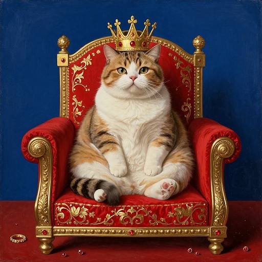 Photorealistic digital artwork of a fat, orange-and-white tabby cat wearing a golden crown, sitting on an ornate red throne with gold accents