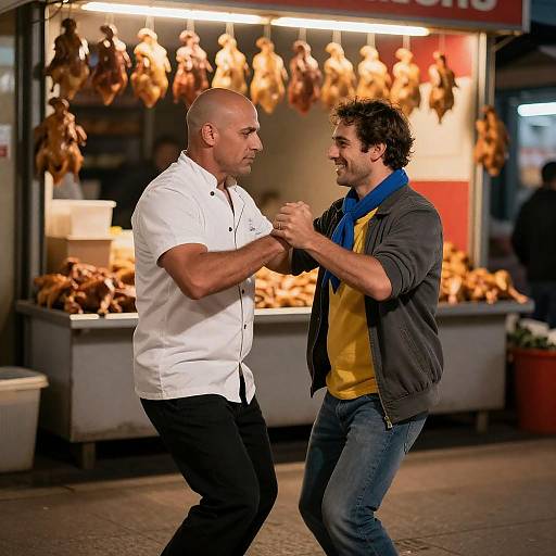 Dancing Duo at Night Market Stall