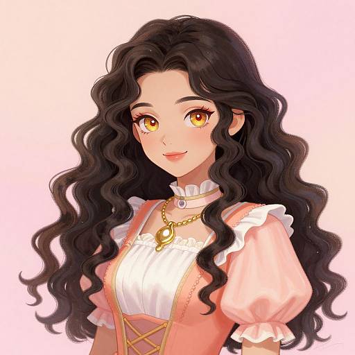 Digital anime-style drawing of a beautiful woman with long, wavy black hair, amber eyes, wearing a pink dress with white ruffles and a gold
