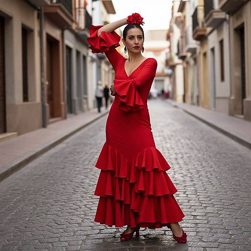 Photograph of a dark-haired woman in a vibrant red, ruffled, long dress and red shoes, standing on a cobblestone street in a