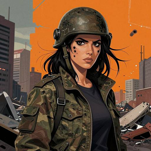 Digital art of a fierce woman in a camo jacket and helmet, marked with black dots, standing in a ruined cityscape with an orange explosion in