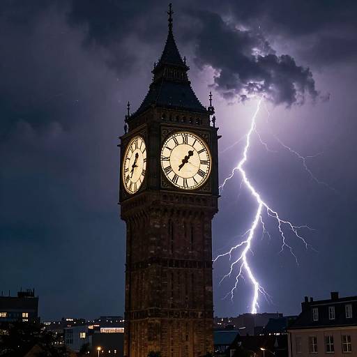Photograph of London's Big Ben clock tower struck by a vivid, lightning bolt against a dark, stormy night sky.