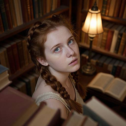 Photograph of a young red-haired woman with braided hair, blue eyes, and fair skin, looking up from a bookshelf filled with books,