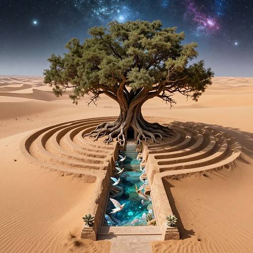 Digital artwork of a massive tree with sprawling roots, centered in a desert, with a glowing, blue, fish-filled water channel leading to its base,