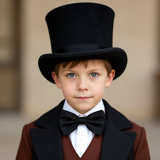 Photograph of a young boy with blue eyes, wearing a black top hat, black bow tie, white shirt, and maroon jacket, smiling against