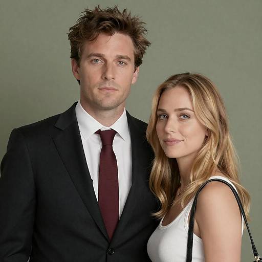 Photograph of a tall, handsome man in a black suit with a maroon tie, and a beautiful blonde woman in a white tank top, standing