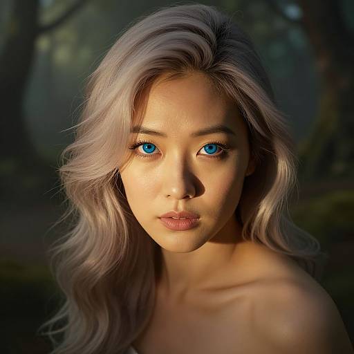 Photorealistic digital portrait of a young woman with striking blue eyes, long wavy silver hair, and fair skin, illuminated by soft forest light.