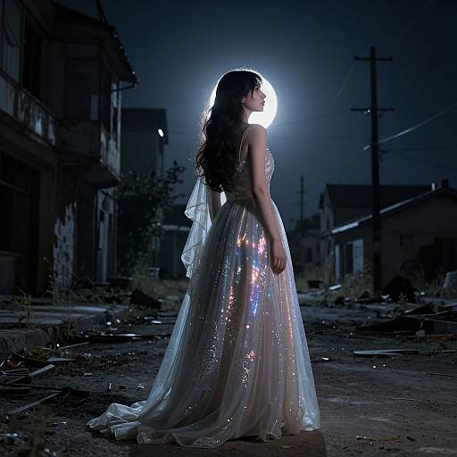 Photograph of a woman in a sparkling, translucent gown with a veil, illuminated by a full moon, standing on a dark, abandoned street at night