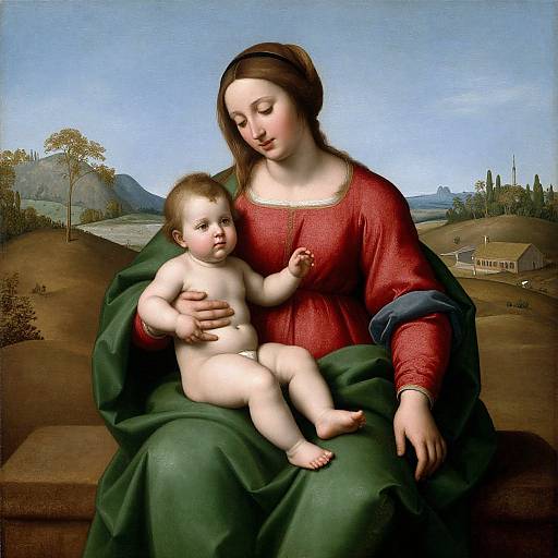 Renaissance painting of a fair-skinned woman with brown hair, red dress, and green cloak, holding a nude, chubby baby with brown hair