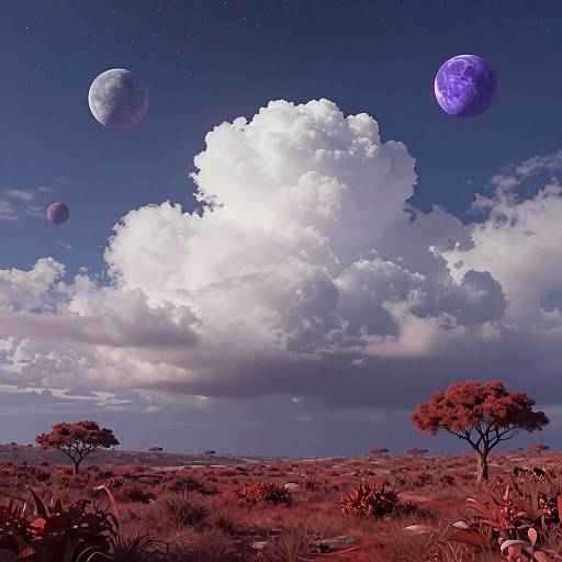 Digital art of a surreal landscape with red-accented savanna, large white clouds, and three colorful planets in a starry night sky.