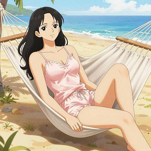 Anime-style digital illustration of a black-haired woman in a pink camisole and shorts, relaxing on a white beach hammock. Ocean and palm trees