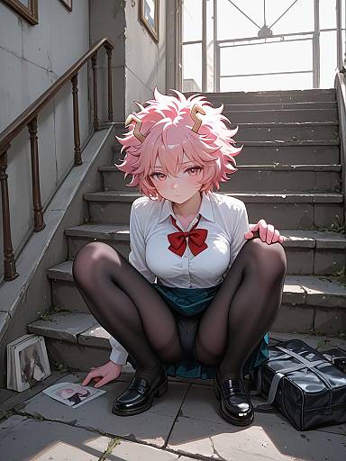 Anime School Girl Sitting on Stairs