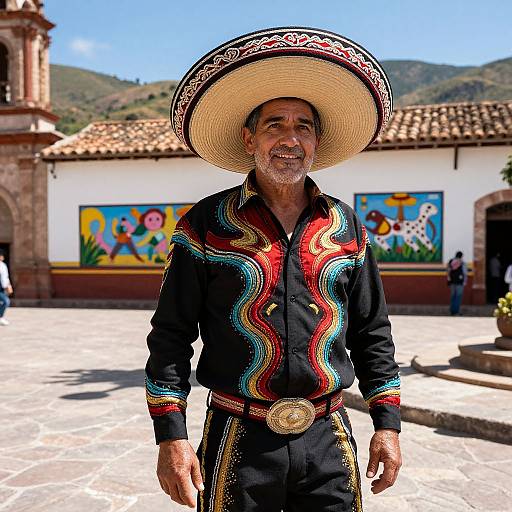 Photograph of an elderly Hispanic man with a large, colorful sombrero, black embroidered shirt, and pants, standing in a sunlit, tiled courtyard