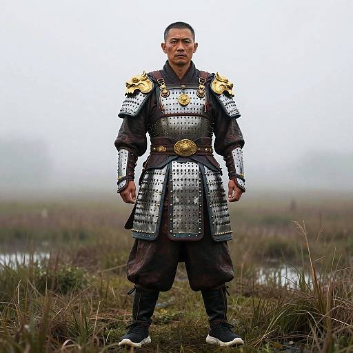 Photograph of a serious Asian male warrior in silver samurai armor with gold shoulder plates, standing in a foggy marsh.