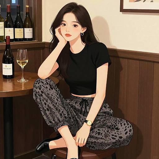 Digital anime-style drawing of a fair-skinned woman with long black hair, black top, and leopard-print pants, sitting in a cozy wine bar,