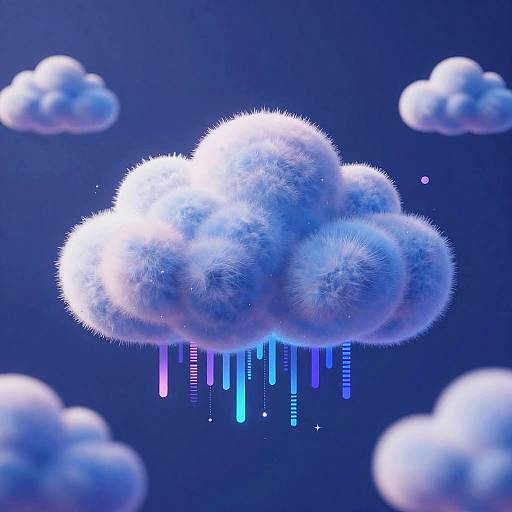 Digital art of glowing, fluffy, blue clouds with neon blue and purple drips against a dark blue background, surrounded by smaller clouds.