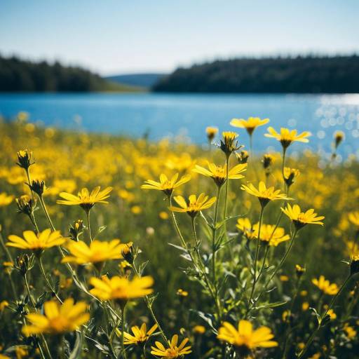 Yellow Wildflowers by Blue Lake