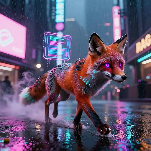 Neon-lit cyber-city street at night, a glowing, digital-animatronic red fox with vibrant purple eyes runs through rain, splashing