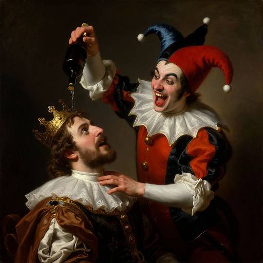 Baroque-style painting: Jester with blue-red jester hat pours liquid on crowned man's head, both in elaborate Renaissance costumes, dark background.