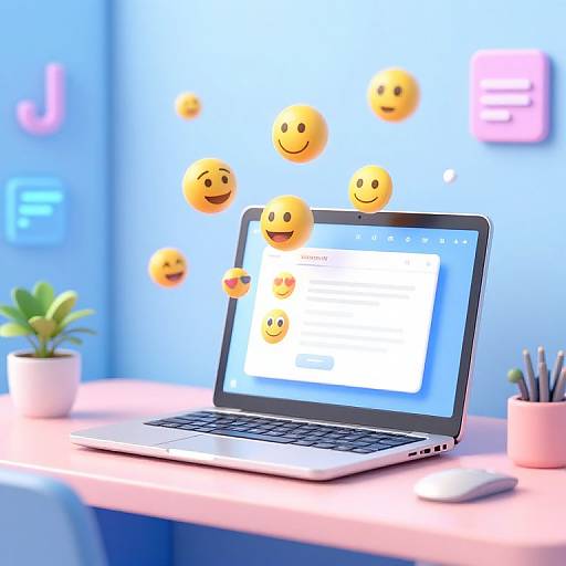 Photograph of a modern desk with a silver laptop, blue background, floating smiley emojis, small plant, and colored pencils.