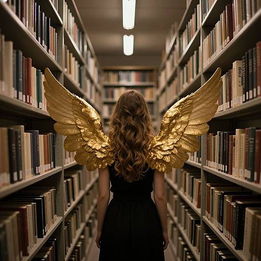 Photograph of a woman with wavy blonde hair and golden angel wings, standing in a dimly lit, narrow library aisle with tall bookshelves