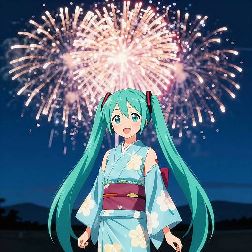 Digital anime-style drawing of Hatsune Miku with teal pigtails, wearing a light blue yukata, standing in front of vibrant fireworks at