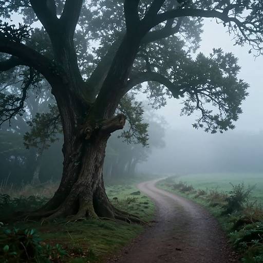 Misty forest path winding through tall, shadowy tree with thick trunk, dense foliage, and foggy background, creating a serene, eerie atmosphere.
