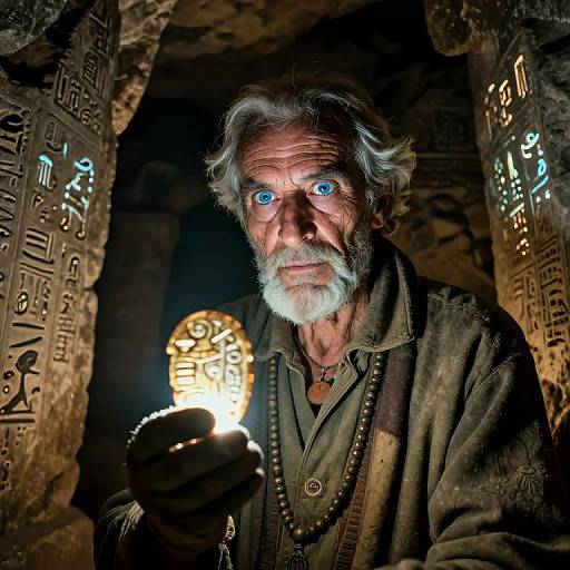 Photograph of an elderly man with white hair and beard, holding a glowing orb, illuminated by ancient stone carvings. Intense blue eyes,