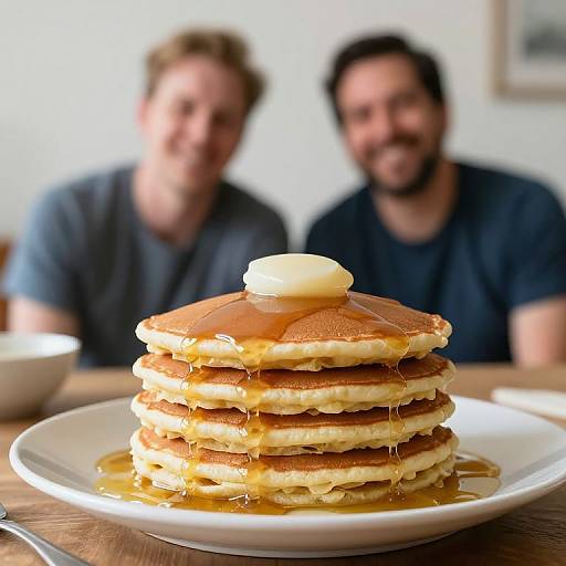 Photograph of a stack of golden-brown pancakes with a pat of butter on top, syrup pooling, in the foreground; two smiling men in blue