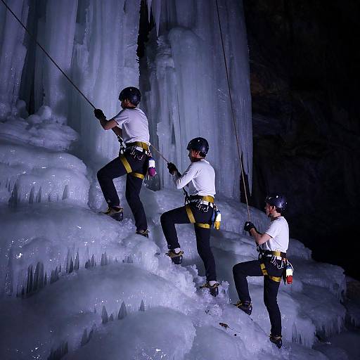 Icy Cave Climbers in Blue-Purple Light