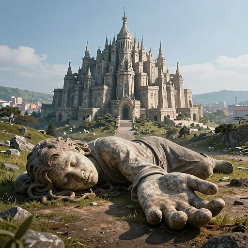 Photorealistic CGI: Stone statue of a sorrowful, outstretched child lies in front of a grand, Gothic-style castle with intricate spires