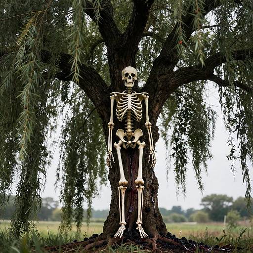 Skeleton Against Gnarled Willow Tree with Oozing Trunk