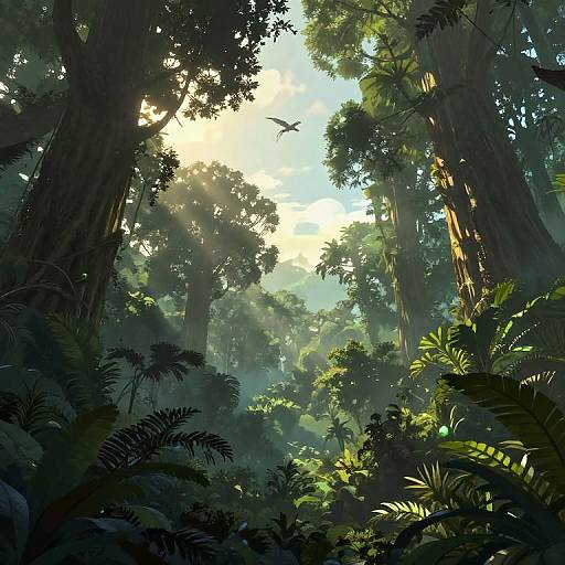 Sunrise Over Lush Rainforest Canopy with Flying Dragon