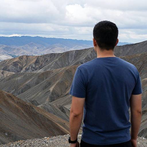 Man Overlooking Rugged Mountain Landscape