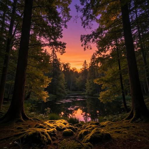 Photograph of a vibrant sunset over a forested lake, with tall trees framing the colorful sky, moss-covered rocks in the foreground, and the lake