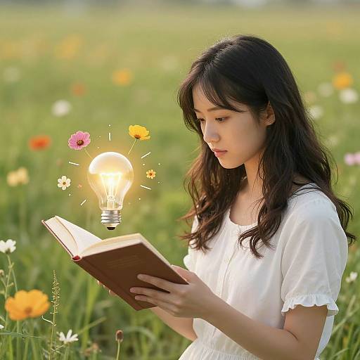 Photograph of an Asian woman with long black hair, wearing a white blouse, reading a book in a colorful meadow, with a glowing light bulb
