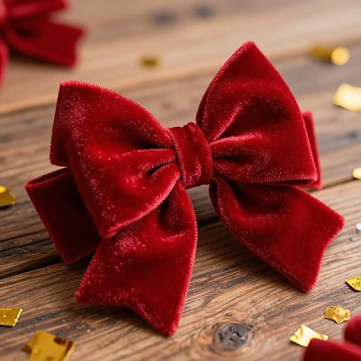 Photograph of a plush, red velvet bow with sparkling texture, centered on a wooden surface with scattered gold star-shaped confetti.