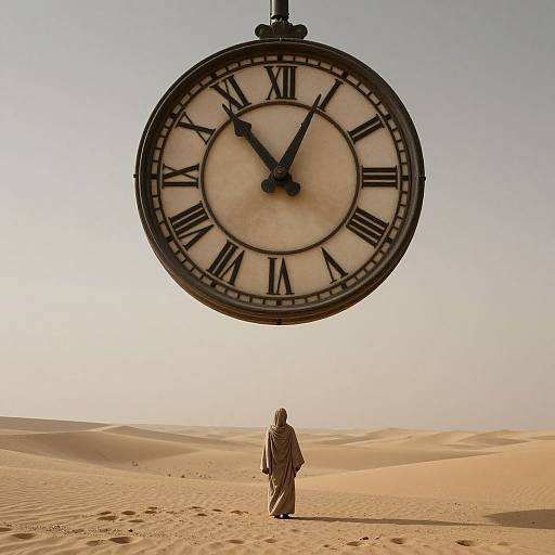 Photograph of a person in desert sand wearing striped cloak, facing large, hanging, vintage-style clock with Roman numerals against clear sky.