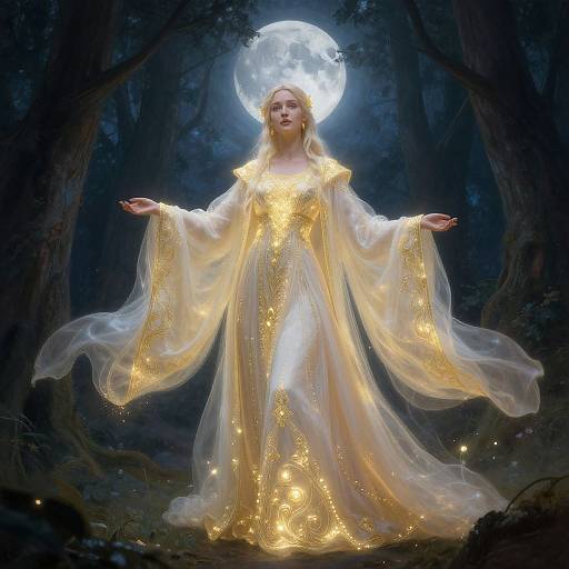 Digital painting of a glowing, ethereal woman in a golden, translucent gown, standing under a full moon in a dark forest. Her arms are out