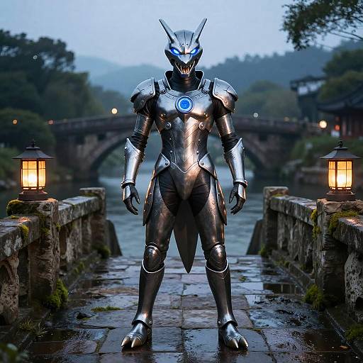 Photorealistic CGI of a glowing blue-eyed, metallic humanoid warrior standing on a mossy stone bridge at dusk, flanked by lanterns.