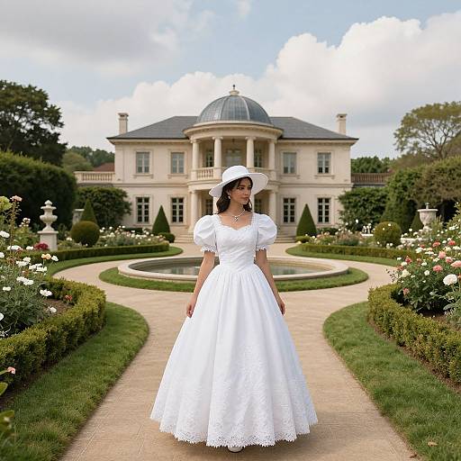 Photograph of a woman in a white lace wedding dress and hat standing in front of a grand, elegant mansion with a circular garden path and blooming