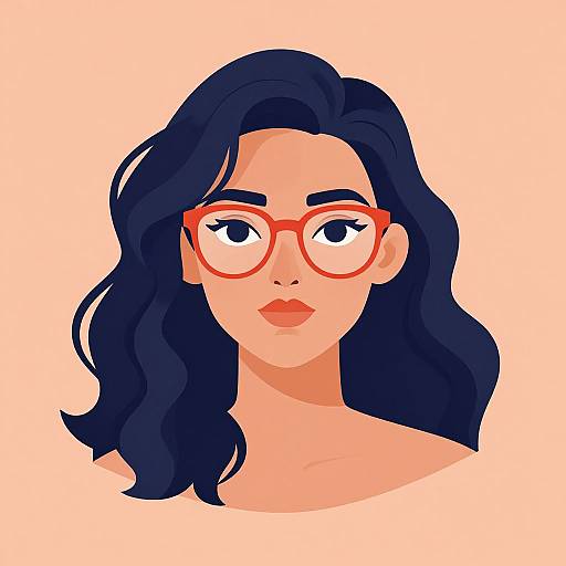 Digital illustration of a woman with dark wavy hair, red glasses, and red lips, set against a peach background.