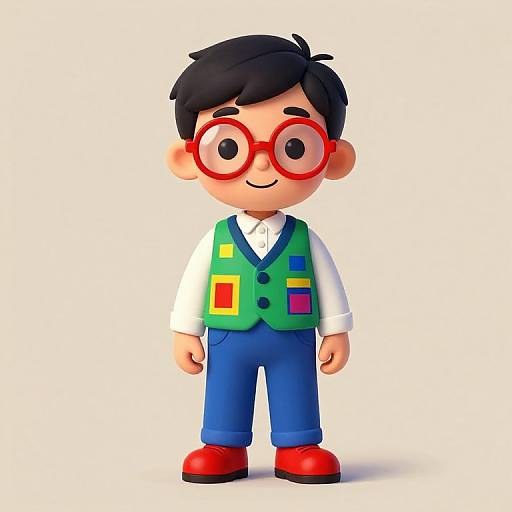 Digital cartoon of a cute boy with black hair, red glasses, green vest, white shirt, blue pants, and red shoes.