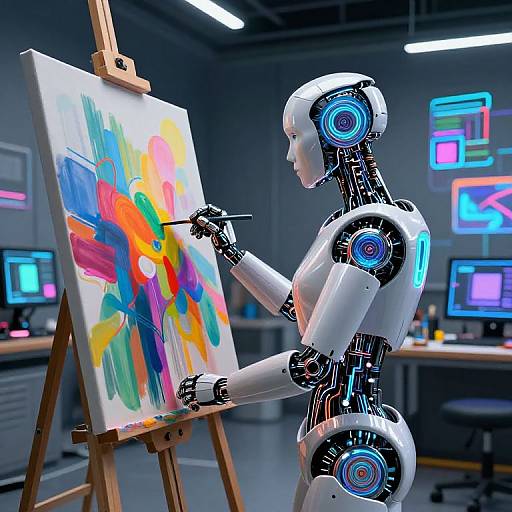 CGI image of a futuristic, white humanoid robot with blue glowing accents, painting a vibrant, abstract painting on an easel in a modern, high