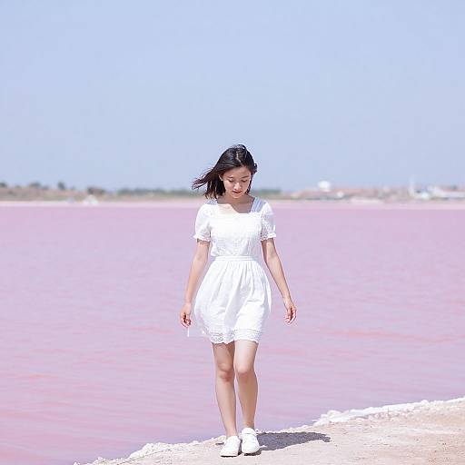 Photograph of an Asian woman in a white dress and white shoes walking on a pink sandy shore with a clear blue sky.