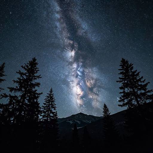 Photograph of a starry night sky with the Milky Way prominently visible, silhouetted by tall pine trees and a mountain range in the foreground