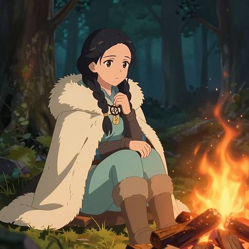 Anime-style drawing of a young woman with black braided hair, wearing a fur cloak, teal dress, and brown boots, sitting by a campfire