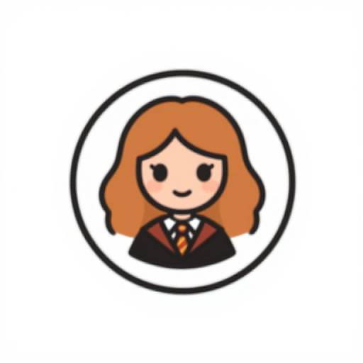 Cartoon-style drawing of a girl with orange hair, black blazer, white shirt, and orange tie, within a white circular border.